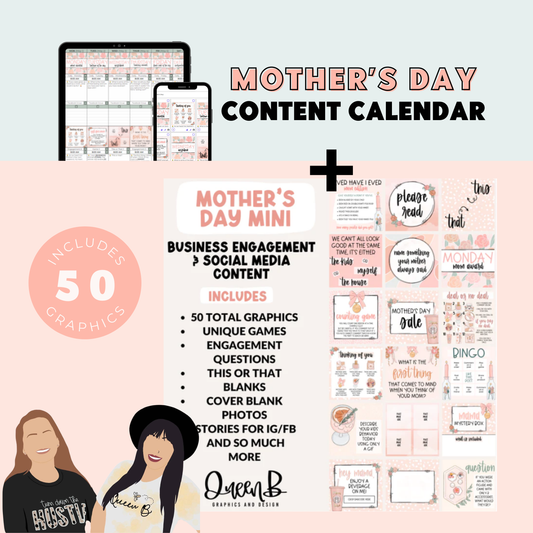 Mother's Day Content Calendar themed social media plan and engagement graphics for t shirt business | Sun Kissed Virtual Assistant