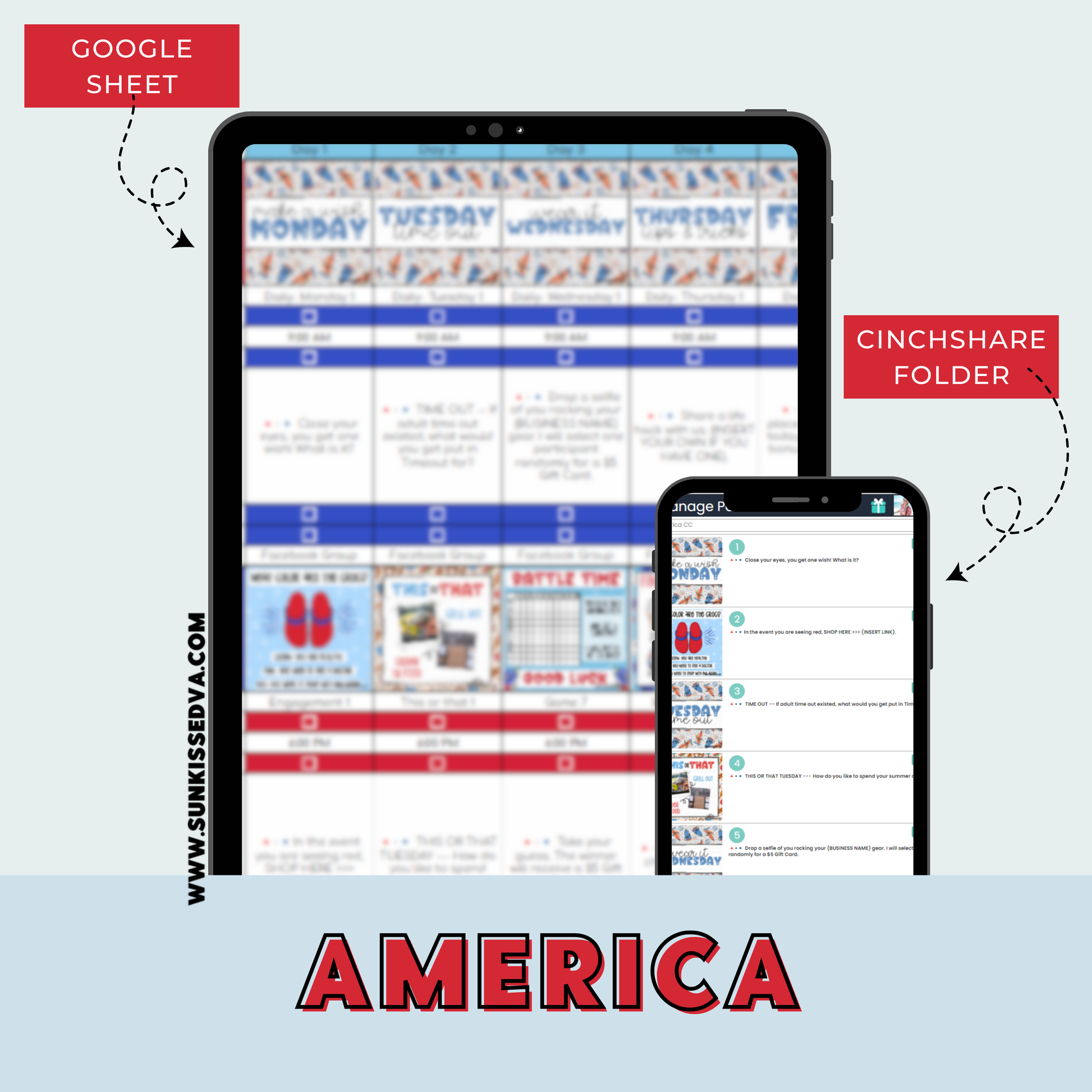America Content Calendar & Social Media Engagement Graphics T Shirt Business | Sun Kissed Virtual Assistant