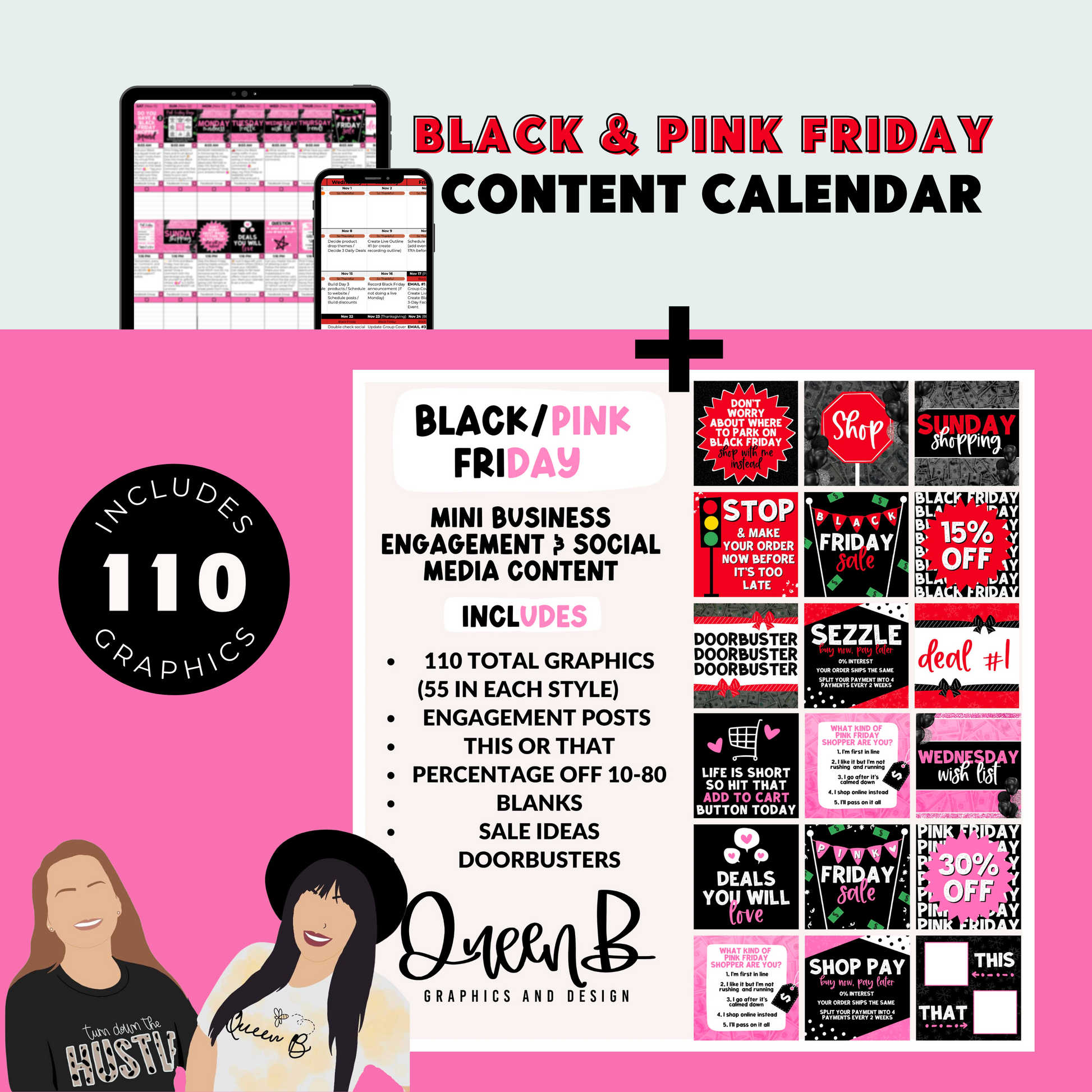 Black & Pink Friday Content Calendar themed social media plan | Sun Kissed Virtual Assistant