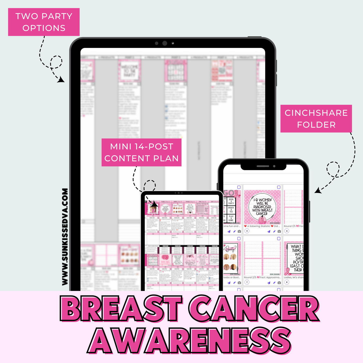 Breast Cancer Awareness Tee Party Planner & Party Engagement Graphics for Social Media for T-Shirt Makers | Sun Kissed Virtual Assistant