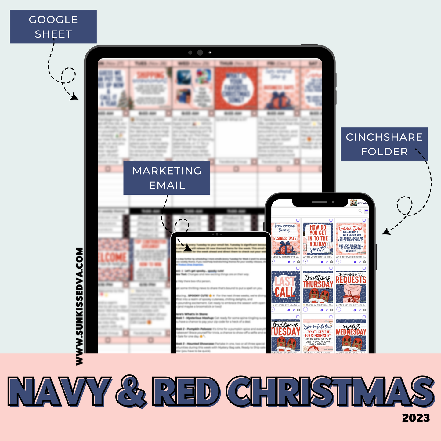 Navy & Red Christmas Content Calendar themed social media plan | Sun Kissed Virtual Assistant