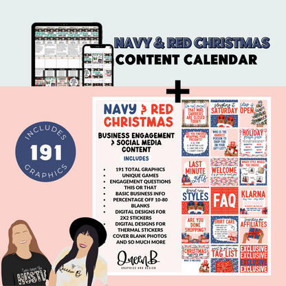Navy & Red Christmas Content Calendar themed social media plan | Sun Kissed Virtual Assistant