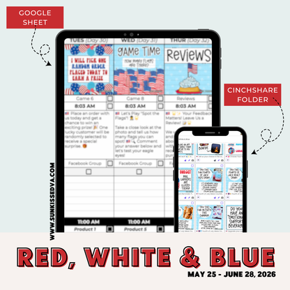 Red, White & Blue Content Calendar & 199 Engagement Graphics