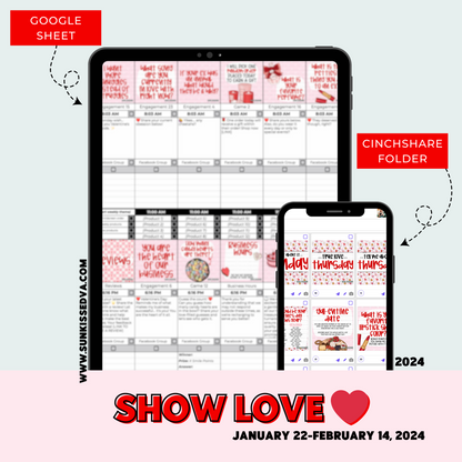 Show Love Content Calendar themed social media plan | Sun Kissed Virtual Assistant