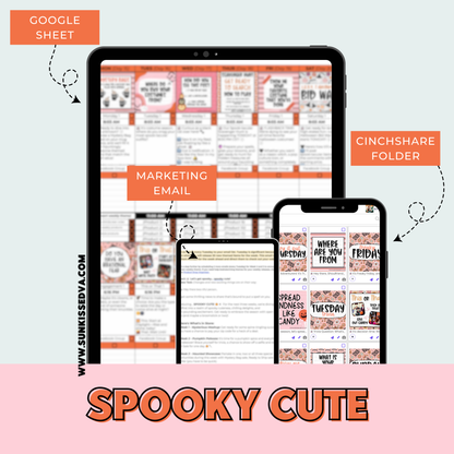 Spooky Cute Content Calendar themed social media plan and engagement graphics for t shirt business | Sun Kissed Virtual Assistant