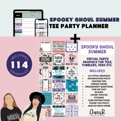 Spooky Ghoul Summer Tee Party Planner with social media engagement party graphics for tshirt business | Sun Kissed Virtual Assistant
