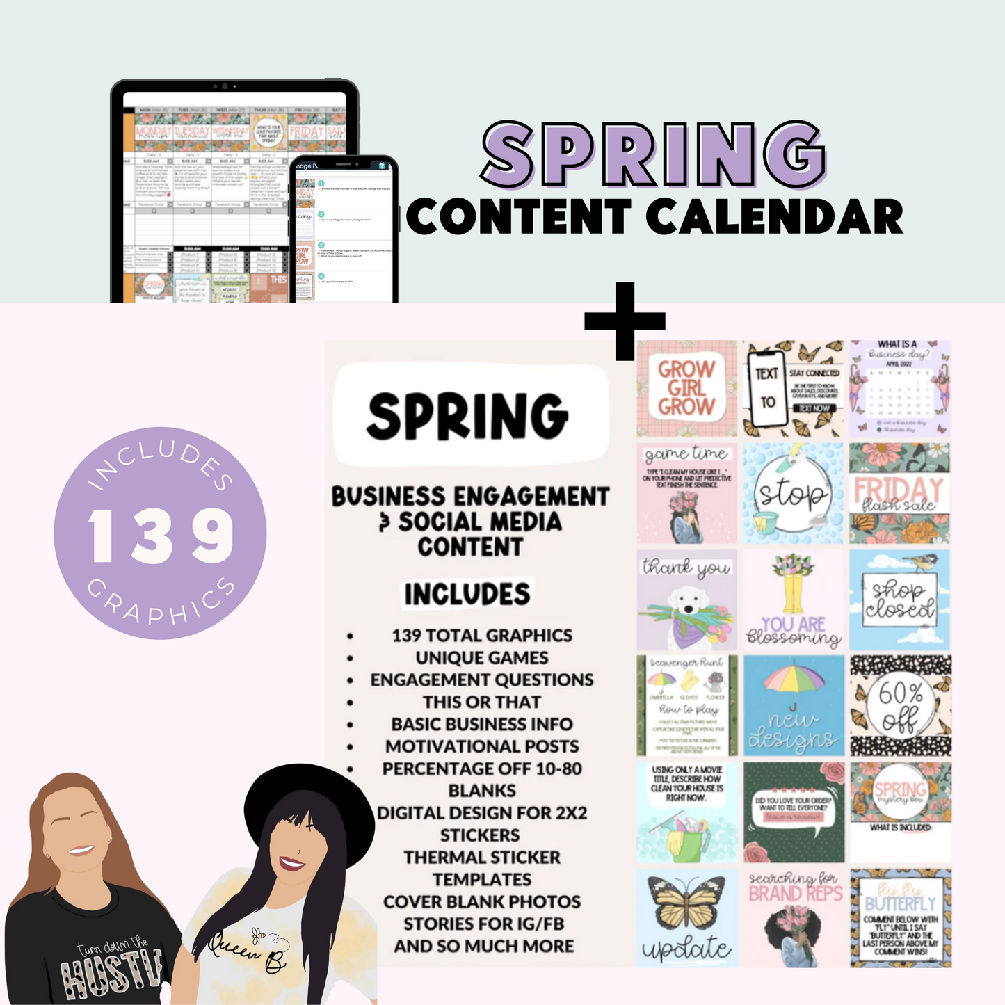 Spring Calendar themed social media plan and engagement graphics for t shirt business | Sun Kissed Virtual Assistant