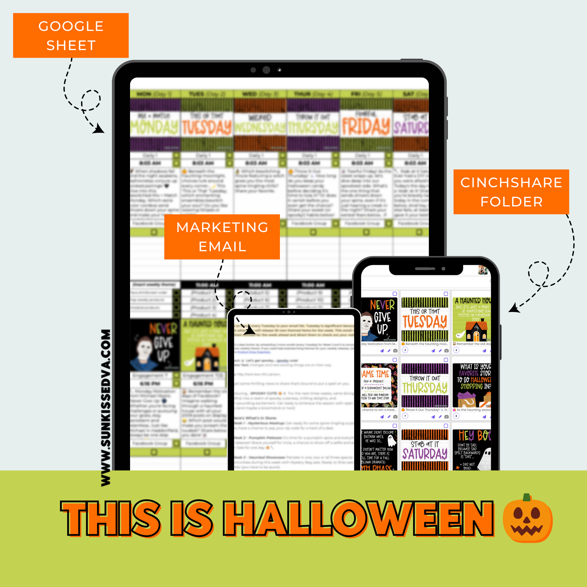 This Is Halloween Content Calendar themed social media plan and engagement graphics for t shirt business | Sun Kissed Virtual Assistant